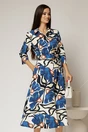 Rochie de zi midi ivoar cu imprimeuri albastre tip camasa cu cordon in talie, 1, dyfashion.ro
