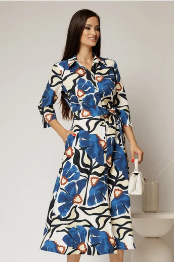 Rochie de zi midi ivoar cu imprimeuri albastre tip camasa cu cordon in talie