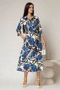 Rochie de zi midi ivoar cu imprimeuri albastre tip camasa cu cordon in talie, 3, dyfashion.ro