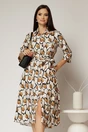 Rochie de zi midi ivoar cu imprimeuri galben mustar tip camasa cu cordon in talie, 1, dyfashion.ro