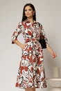Rochie de zi midi ivoar cu imprimeuri maro tip camasa cu cordon in talie, 1, dyfashion.ro