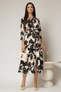 Rochie de zi midi neagra cu imprimeuri bej tip camasa cu cordon in talie, 3, dyfashion.ro