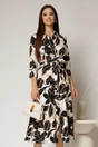 Rochie de zi midi neagra cu imprimeuri bej tip camasa cu cordon in talie, 1, dyfashion.ro