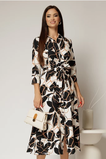 Rochie de zi midi neagra cu imprimeuri bej tip camasa cu cordon in talie