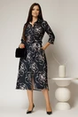 Rochie de zi midi neagra cu imprimeuri bej tip camasa cu cordon in talie, 3, dyfashion.ro