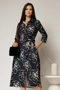 Rochie de zi midi neagra cu imprimeuri bej tip camasa cu cordon in talie, 1, dyfashion.ro