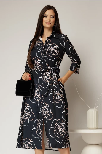 Rochie de zi midi neagra cu imprimeuri bej tip camasa cu cordon in talie