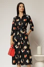 Rochie de zi midi neagra cu imprimeuri tip camasa cu cordon in talie, 1, dyfashion.ro