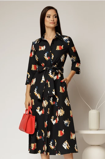 Rochie de zi midi neagra cu imprimeuri tip camasa cu cordon in talie