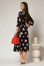 Rochie de zi midi neagra cu imprimeuri tip camasa cu cordon in talie, 2, dyfashion.ro