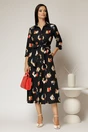 Rochie de zi midi neagra cu imprimeuri tip camasa cu cordon in talie, 3, dyfashion.ro