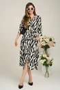 Rochie de zi tip camasa din crep neagra cu imprimeu alb si cordon in talie