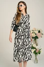 Rochie de zi tip camasa din crep neagra cu imprimeu alb si cordon in talie