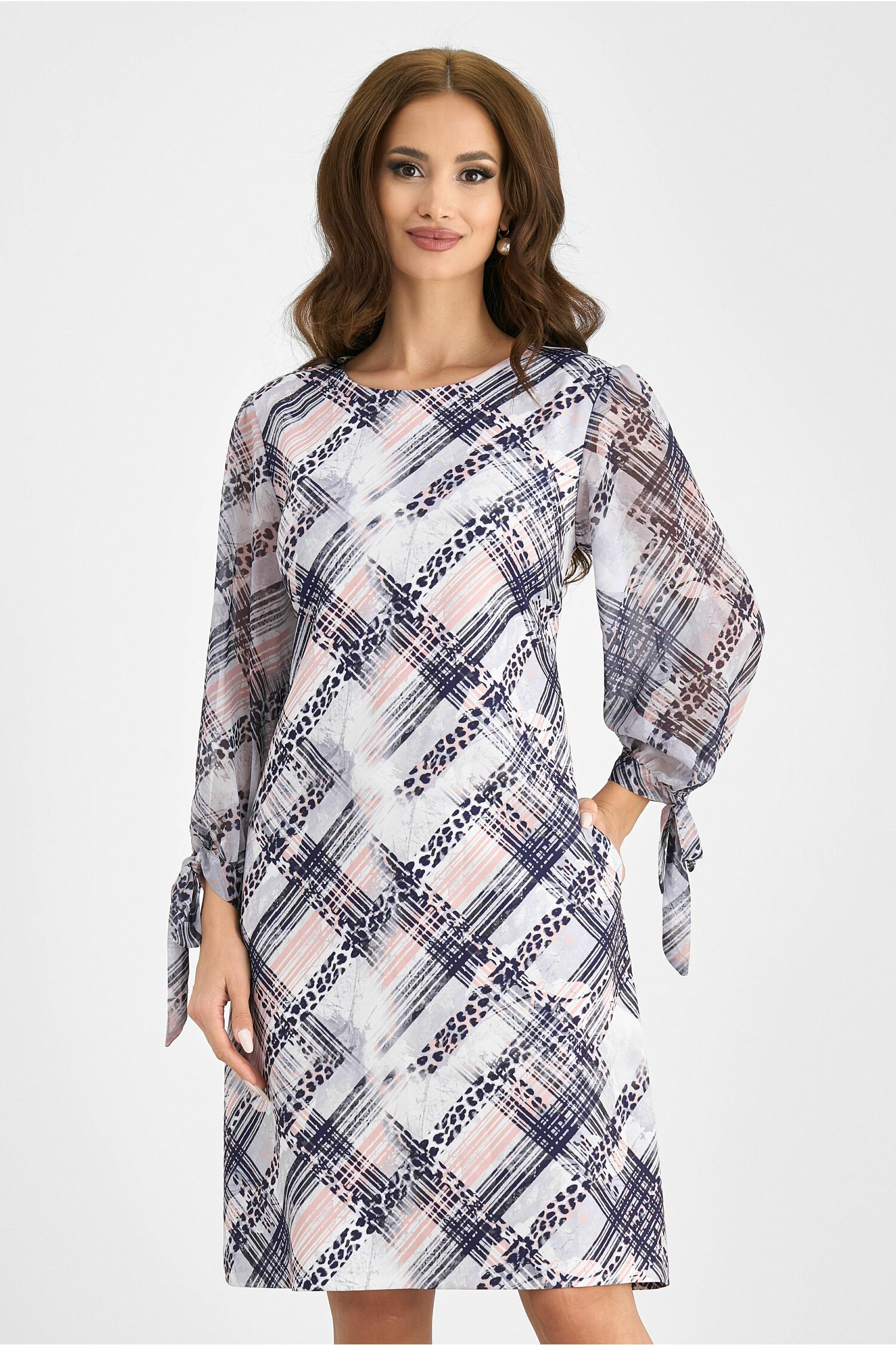 Rochie diana gri cu imprimeu roz-bleumarin