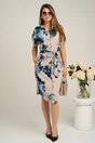 Rochie din panza bej cu imprimeuri bleumarin si cordon in talie