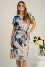 Rochie din panza bej cu imprimeuri bleumarin si cordon in talie