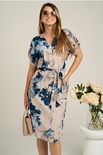 Rochie din panza bej cu imprimeuri bleumarin si cordon in talie