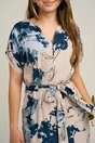 Rochie din panza bej cu imprimeuri bleumarin si cordon in talie