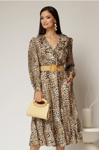 Rochie din stofa animal print cu volan si curea in talie
