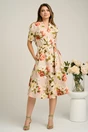 Rochie din stofa bej cu imprimeu floral corai si cordon in talie
