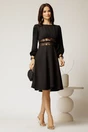 Rochie din stofa fina neagra cu insertii din dantela aurie si bust incretit, 3, dyfashion.ro