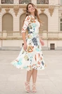 Rochie din stofa ivory midi de zi cu imprimeuri florale turcoaz si decolteu