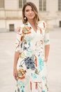 Rochie din stofa ivory midi de zi cu imprimeuri florale turcoaz si decolteu