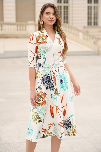 Rochie din stofa ivory midi de zi cu imprimeuri florale turcoaz si decolteu