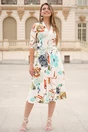 Rochie din stofa ivory midi de zi cu imprimeuri florale turcoaz si decolteu
