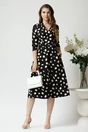 Rochie din stofa neagra midi de zi cu imprimeuri bej si decolteu