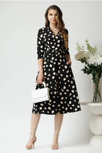 Rochie din stofa neagra midi de zi cu imprimeuri bej si decolteu