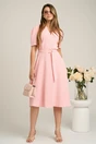 Rochie din stofa roz cu cordon in talie si decoteu in V