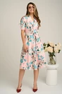 Rochie din stofa roz cu imprimeu floral bleu si cordon in talie