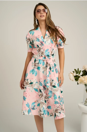Rochie din stofa roz cu imprimeu floral bleu si cordon in talie