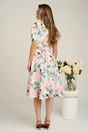 Rochie din stofa roz cu imprimeu floral bleu si cordon in talie