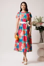 Rochie din triplu voal turcoaz cu imprimeu floral orange si cordon in talie, 3, dyfashion.ro