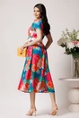 Rochie din triplu voal turcoaz cu imprimeu floral orange si cordon in talie, 2, dyfashion.ro
