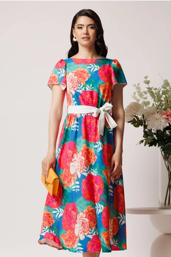 Rochie din triplu voal turcoaz cu imprimeu floral orange si cordon in talie