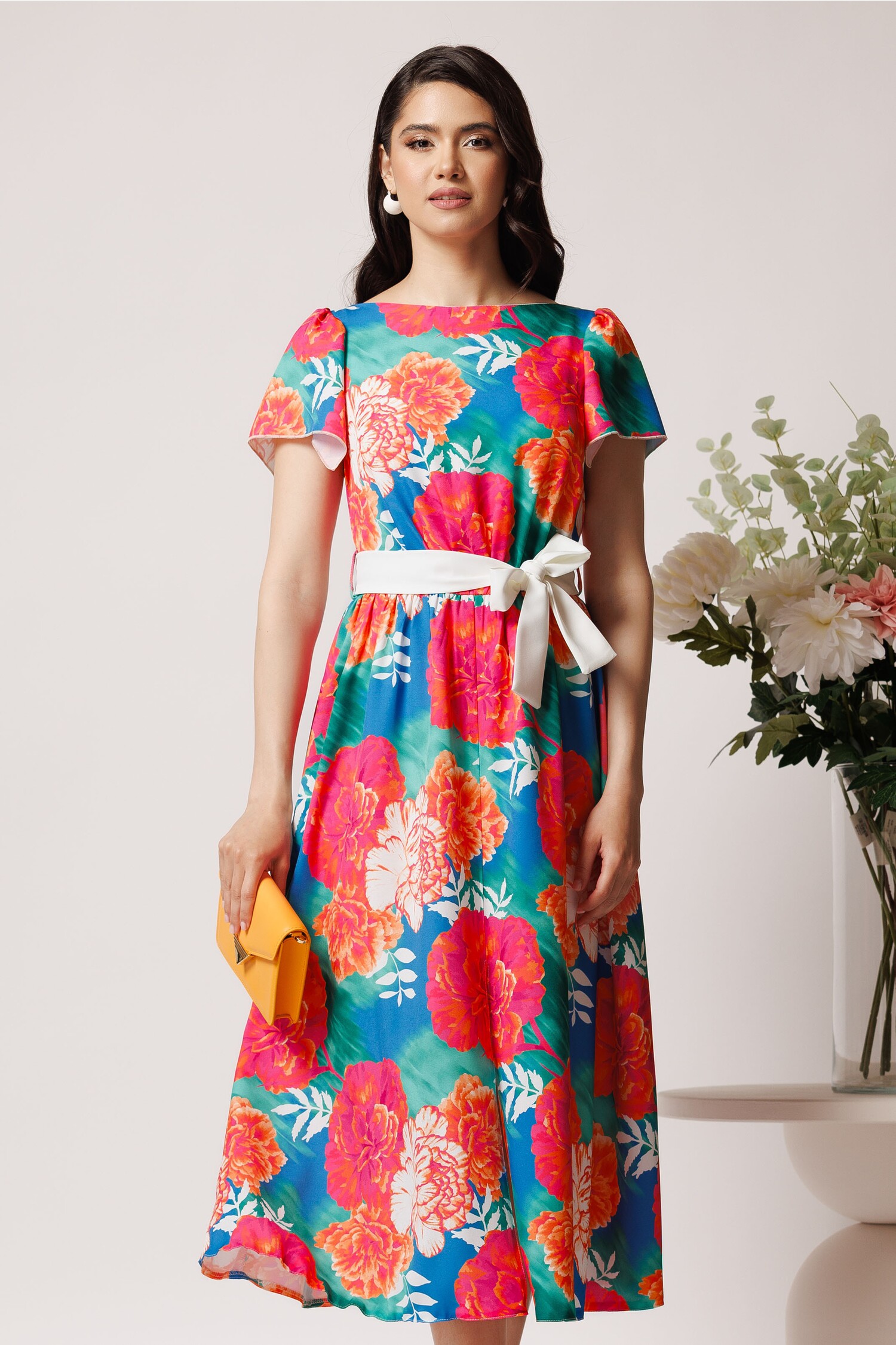 Rochie din triplu voal turcoaz cu imprimeu floral orange si cordon in talie