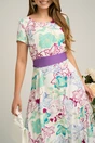 Rochie din viscoza alba cu imprimeu floral mov si cordon in talie