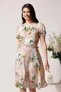 Rochie din viscoza bej cu imprimeuri verzi si curea in talie, 1, dyfashion.ro