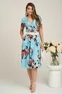 Rochie din viscoza bleu cu flori rosii si curea in talie