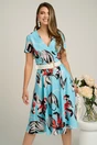 Rochie din viscoza bleu cu flori rosii si curea in talie