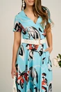 Rochie din viscoza bleu cu flori rosii si curea in talie