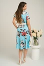 Rochie din viscoza bleu cu flori rosii si curea in talie
