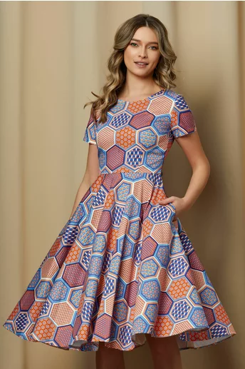 Rochie Doina cu imprimeu geometric bleu-orange