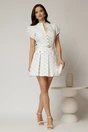 Rochie DY Fashion alba cu buline bleu cu fusta scurta cu pliuri si decolteu, 3, dyfashion.ro