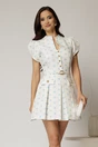 Rochie DY Fashion alba cu buline bleu cu fusta scurta cu pliuri si decolteu, 1, dyfashion.ro