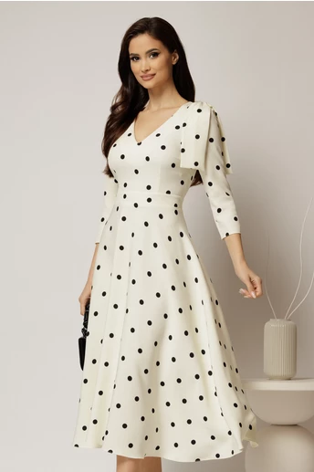 Rochie DY Fashion alba cu buline cu funda pe umar