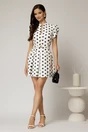 Rochie DY Fashion alba cu buline negre cu fusta scurta cu pliuri si decolteu, 3, dyfashion.ro